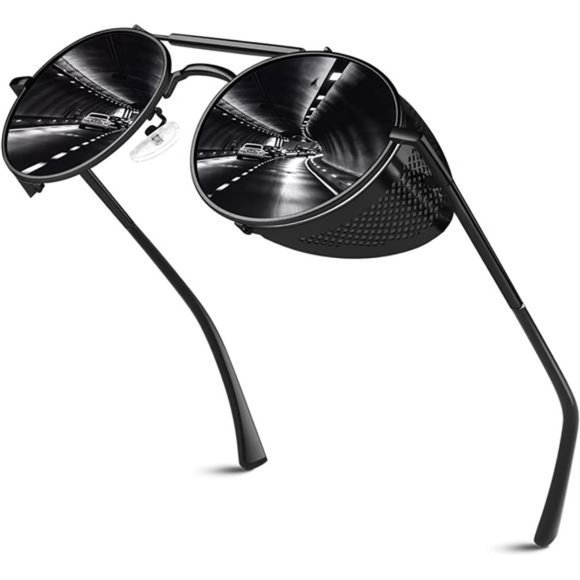 Retro Round Polarized Steampunk Sunglasses Men Women Side Shield Goggles - Picture 1 of 5